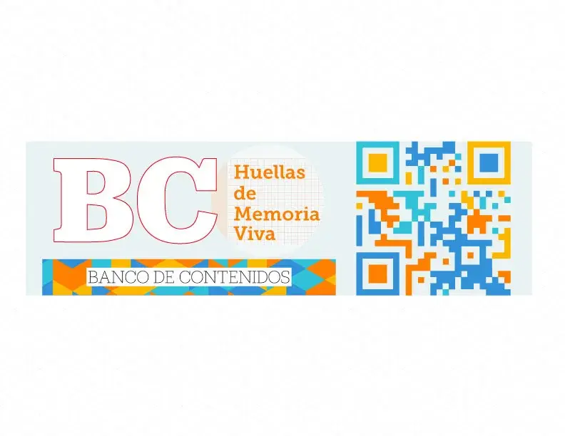 Versión horizontal del logo de Banco de Contenidos: siglas BC, lema, franja geométrica y código QR a la derecha.