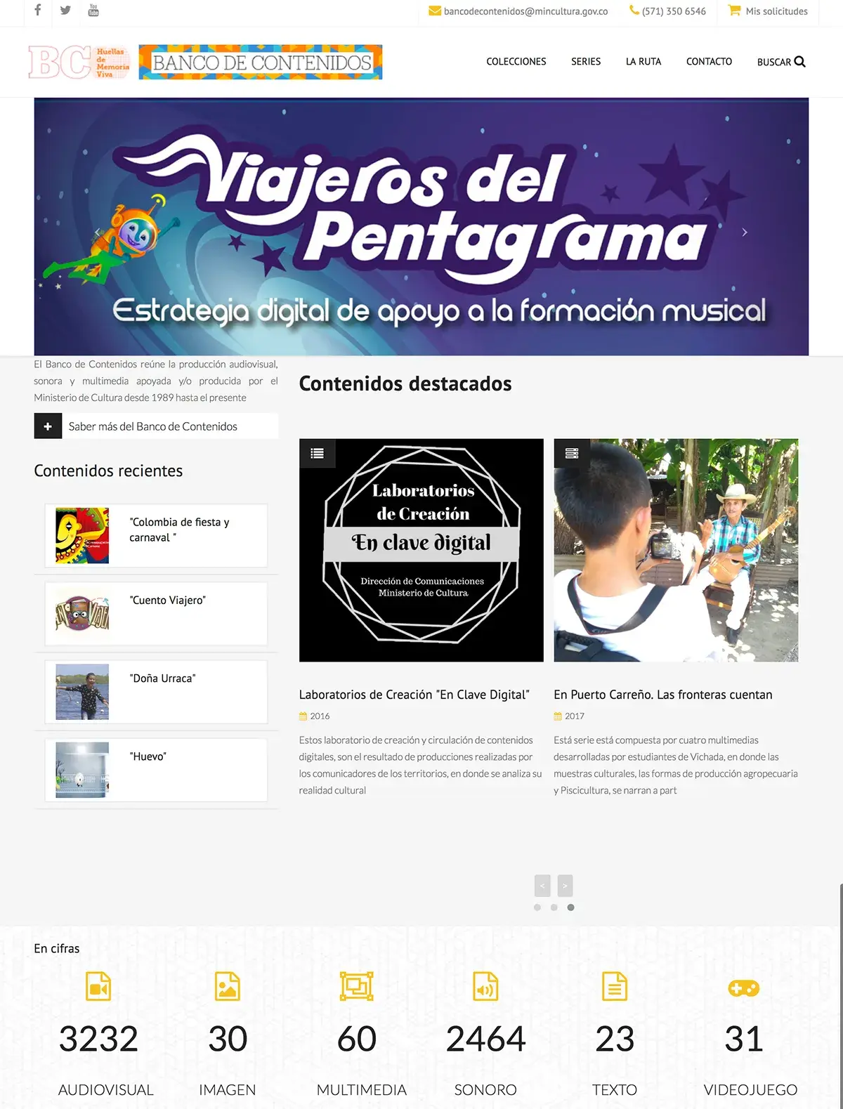 Página de inicio del Banco de Contenidos: carrusel con «Viajeros del Pentagrama», contenidos destacados y recientes, y cifras de la colección por tipo de medio.