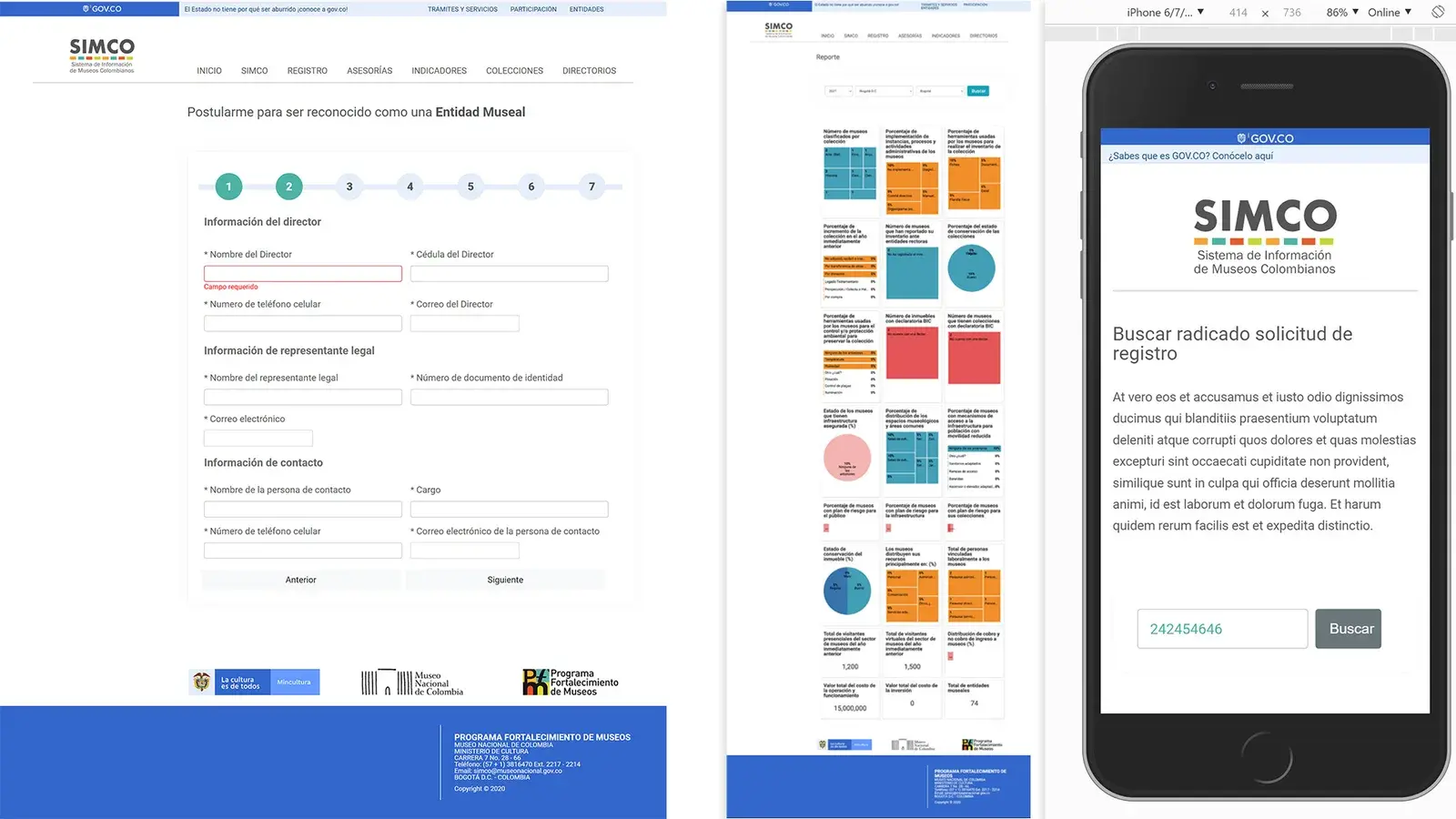 Tres vistas del rediseño de SIMCO: formulario por pasos para registrar una entidad museal, página de reportes con gráficos y la búsqueda de radicados en un celular.