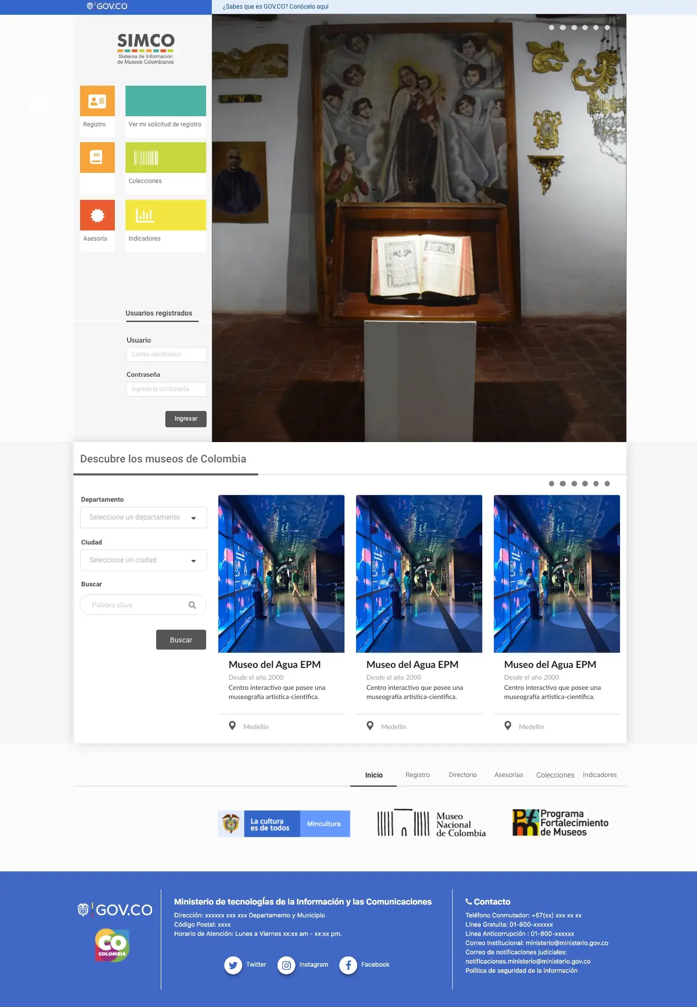 Página de inicio de SIMCO: accesos de colores a registro, colecciones, asesoría e indicadores, foto de una sala de museo y buscador de museos de Colombia por departamento y ciudad.