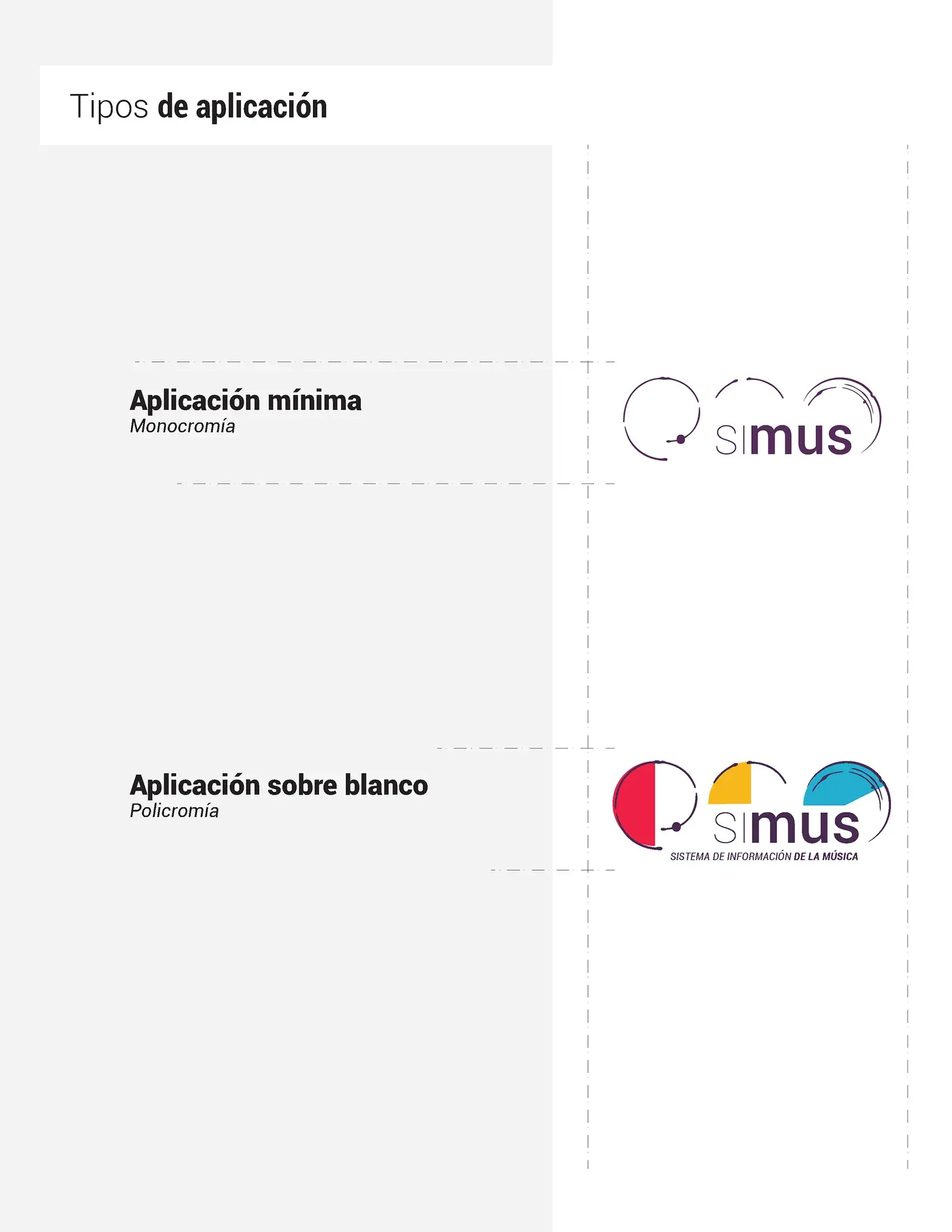 Tipos de aplicación del logo de SIMUS: versión mínima en monocromía y versión en policromía sobre blanco.
