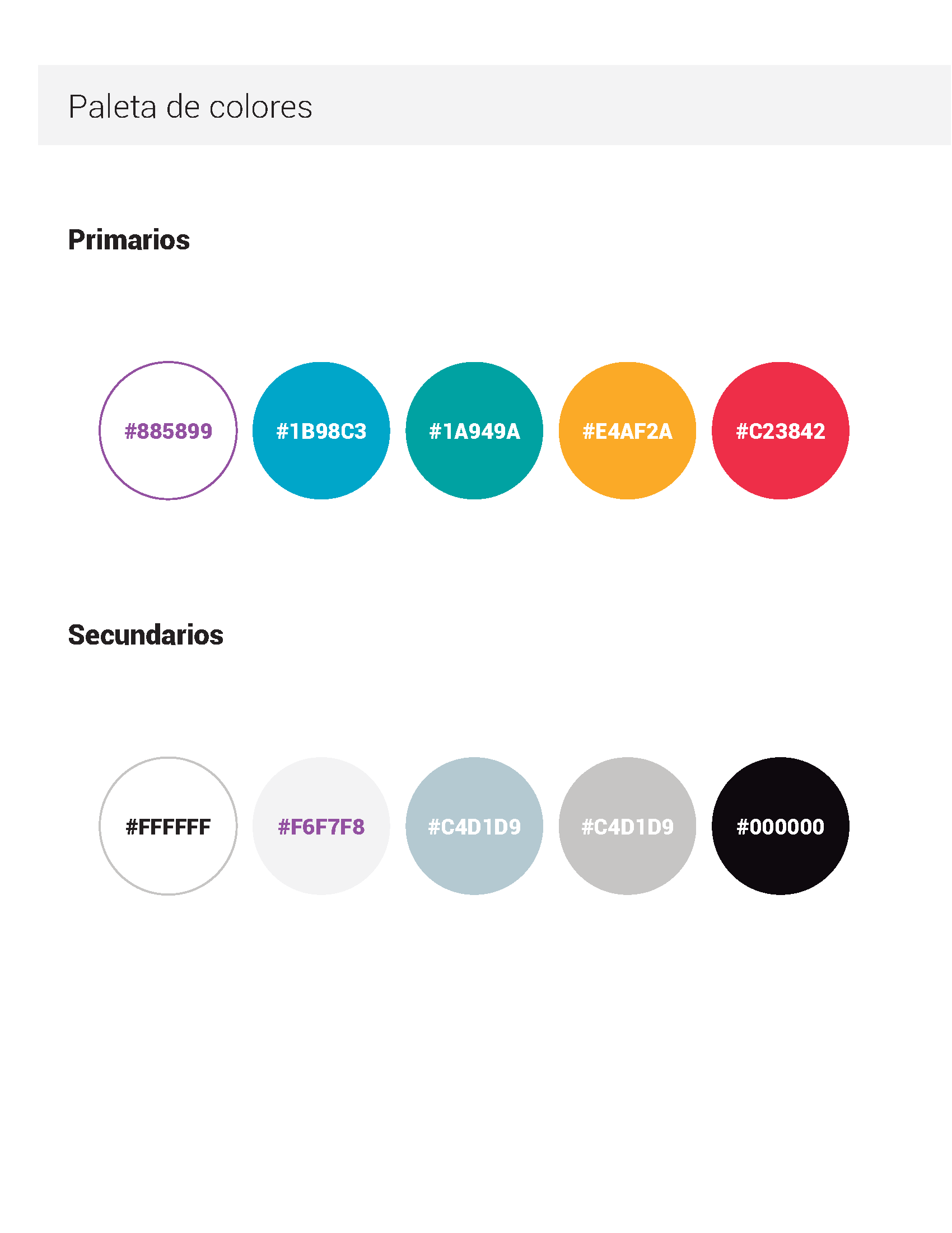 Paleta de colores de SIMUS: cinco primarios (morado, azul, verde azulado, amarillo y rojo) y cinco secundarios en grises, blanco y negro, con sus códigos.