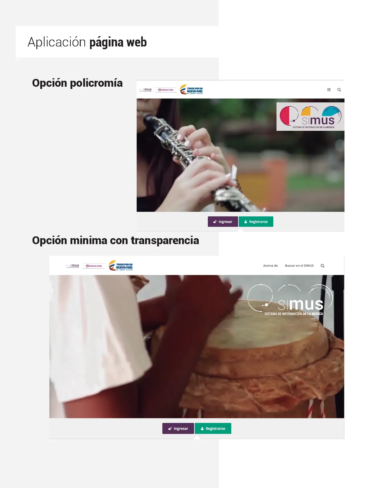 Aplicación del logo de SIMUS en la página web: una versión en policromía sobre la foto de un clarinete y una versión mínima en blanco sobre la foto de un tambor.
