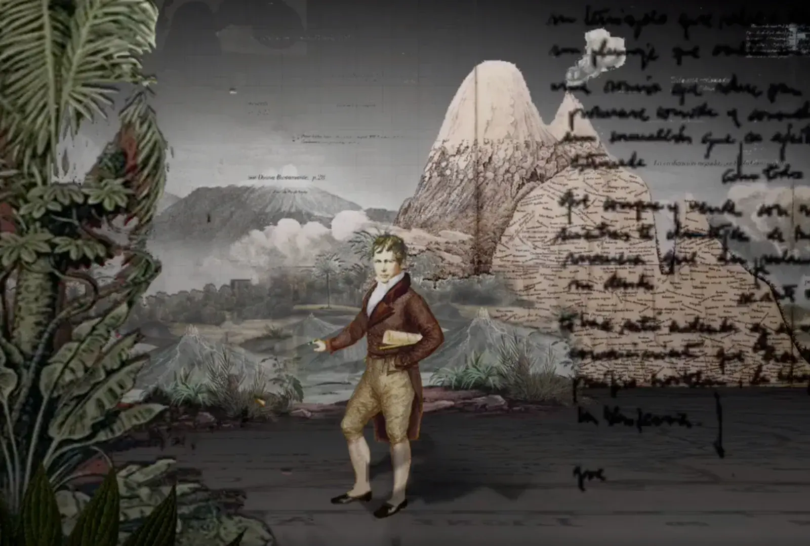 Escena del prototipo: Alexander von Humboldt, ilustrado con ropa de época, frente a volcanes, vegetación tropical y fragmentos de manuscritos.