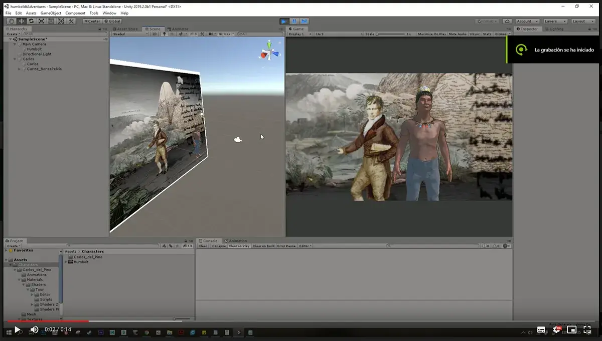 El proyecto en el editor de Unity: la escena con Humboldt y un personaje indígena en 3D, y la jerarquía de personajes y materiales.