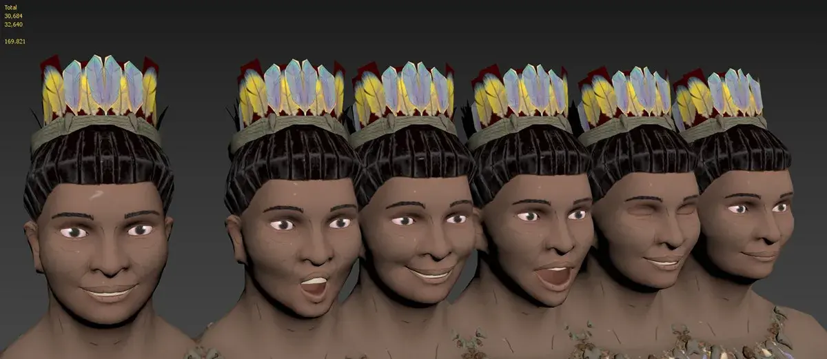 Estudio de expresiones faciales de un personaje indígena en 3D con corona de plumas amarillas y azules.