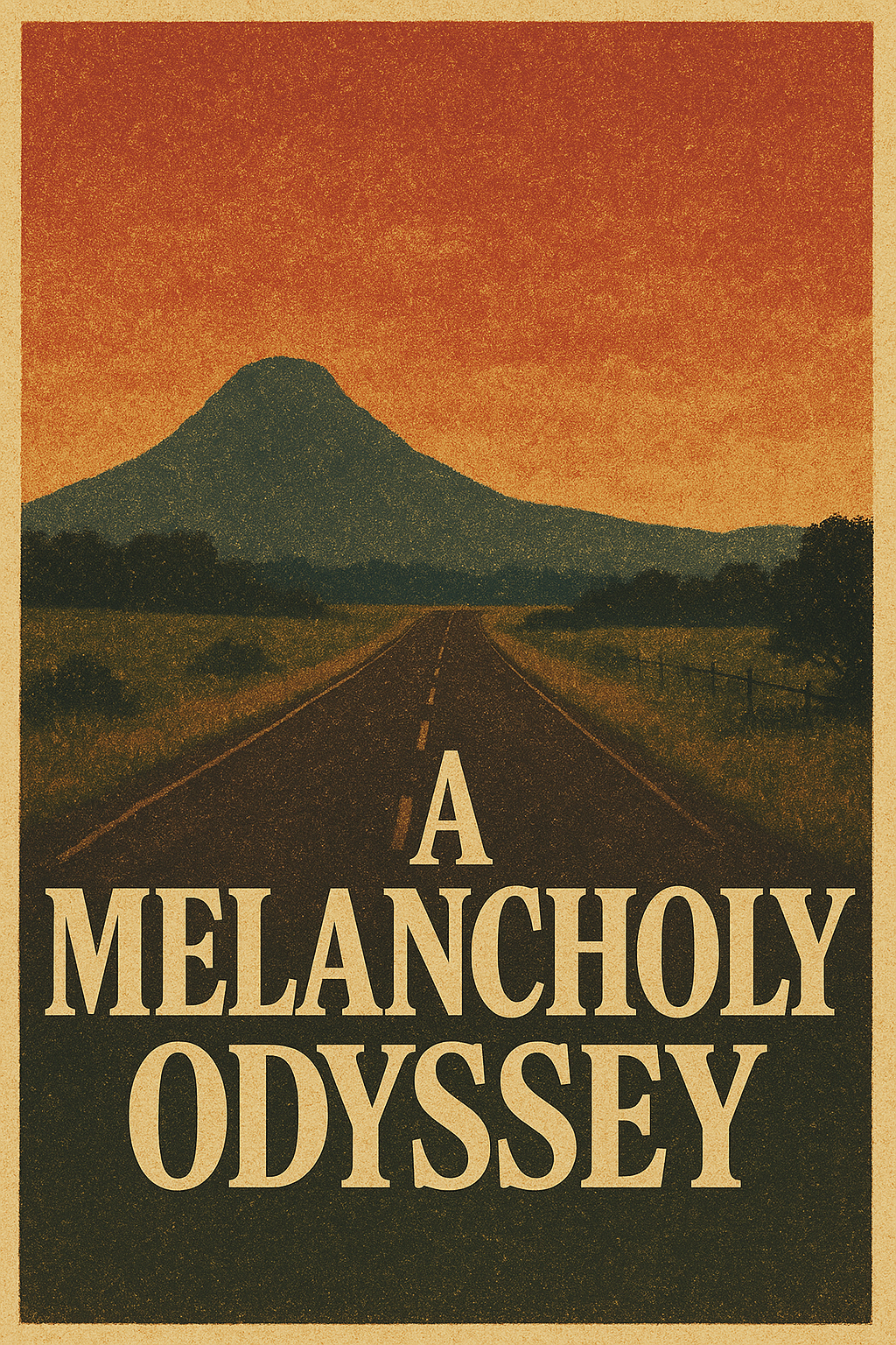 Afiche de A Melancholy Odyssey: una carretera recta hacia una montaña bajo un cielo naranja, con el título en letras grandes.