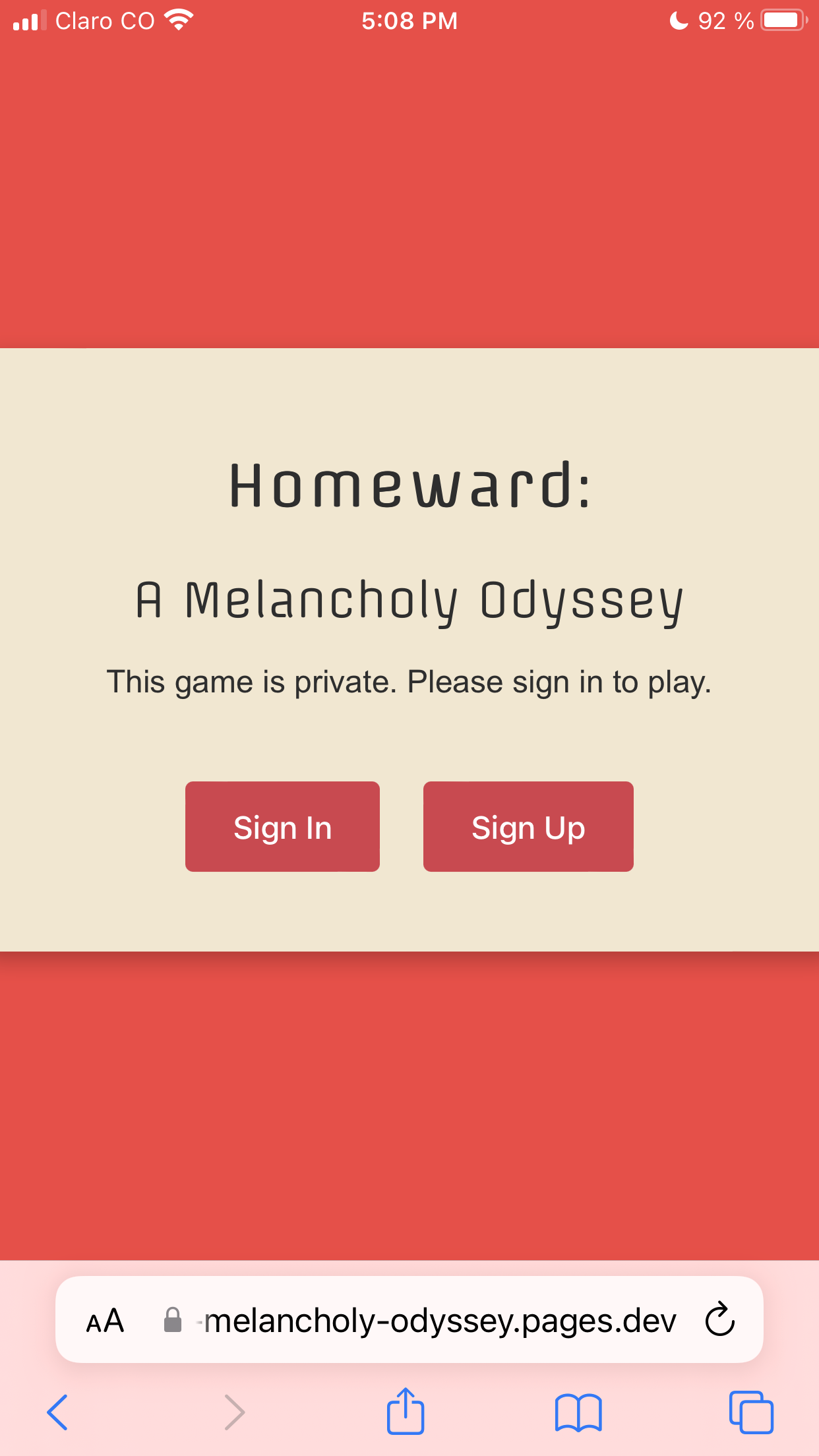 Pantalla de inicio en el celular: Homeward: A Melancholy Odyssey, un juego privado con botones para iniciar sesión o registrarse.