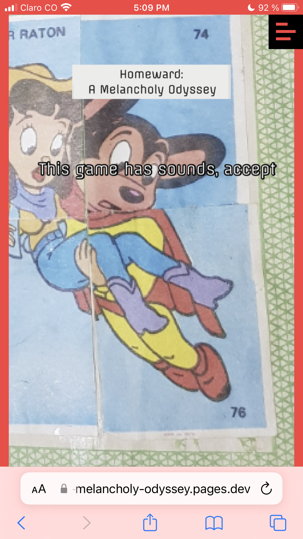 Pantalla de carga del juego sobre una lámina de álbum del Súper Ratón, con el aviso de que el juego tiene sonido.