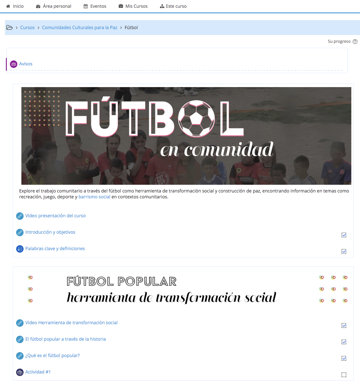 Curso «Fútbol en comunidad» en el Moodle de Comunidades Culturales para la Paz: cabezote con tipografía propia y lista de actividades con su progreso.