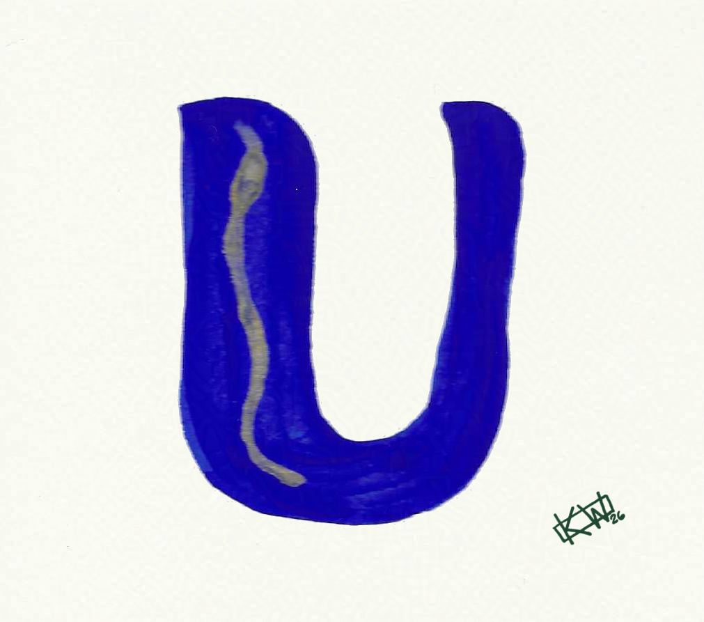 Watercolor of upper case letter U in a lovely shade of blue with gold swirls.