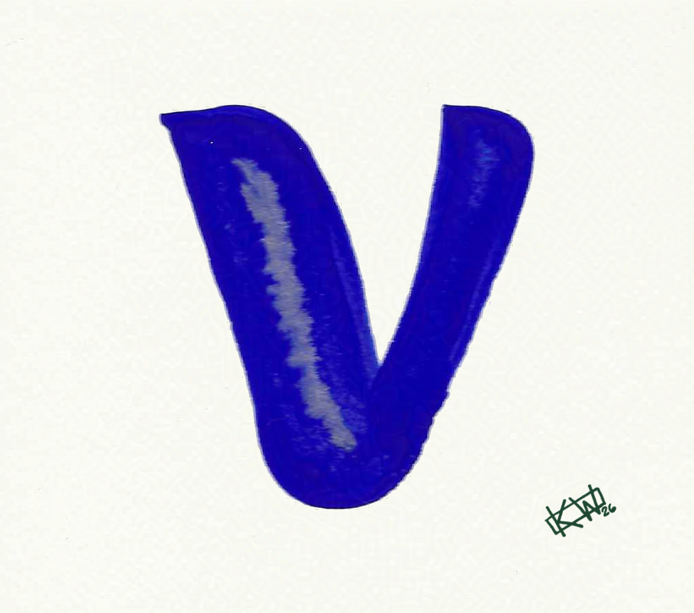 Watercolor of upper case letter V in a lovely shade of blue with gold swirls.