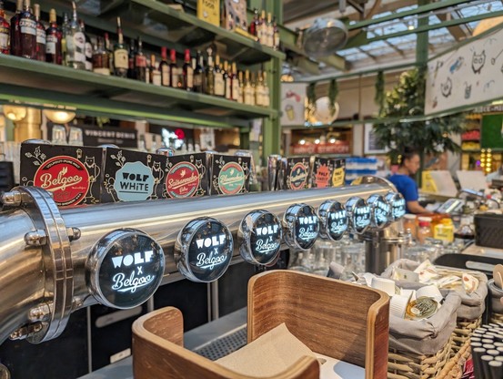 Bar with a tap full of various “WOLF” beers