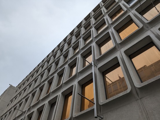 An interesting building in Brussels; it has tall rounded rectangular windows with a strong copper tint, each surrounded by a very rounded concrete protrusion