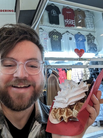 Me with an excessive Belgian waffle covered in chocolate and whipped cream