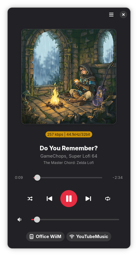 Screenshot of a Lofi Zelda song playing in a music app. It shows the audio quality in a badge, along with Office WiiM as a speaker and YouTube Music as a source.