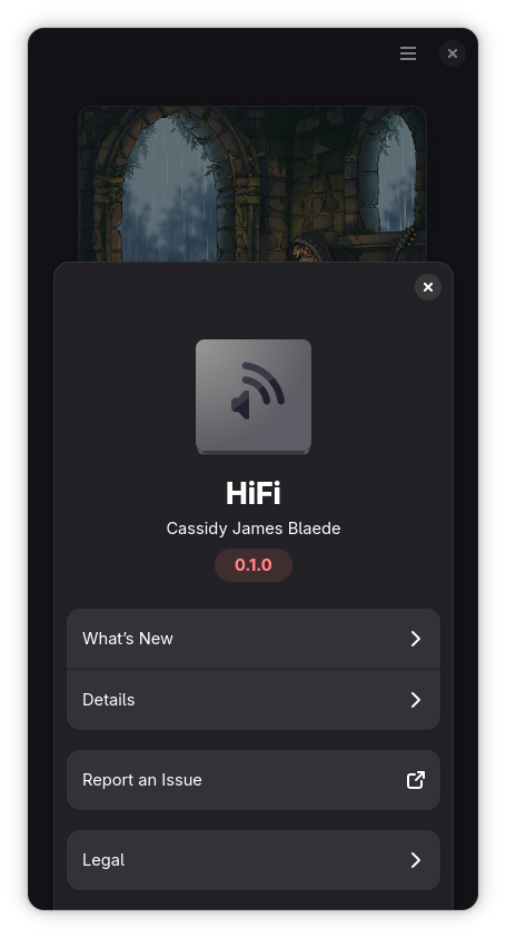 Screenshot of an About dialog with the app name HiFi and author Cassidy James Blaede.