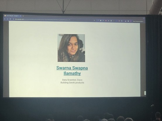 Slide showing Swarna Swapna Ilamathy and their background at Cisco.