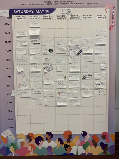 Open space schedule for Saturday showing every room claimed between 10am and 5pm.