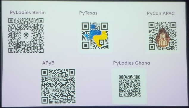 Slide containing QR codes with links to donate to various Python organizations represented in the diversity and inclusion panel.