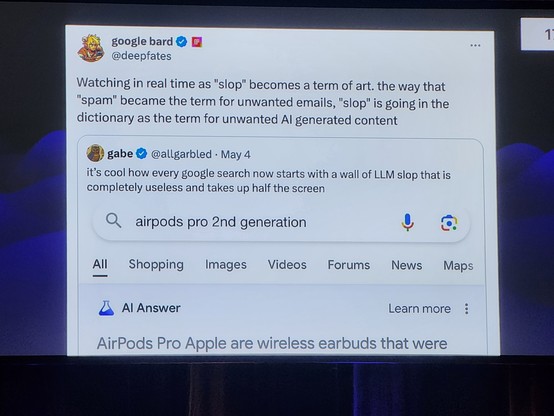 Tweet calling out the usage of "slop" to describe Google showing their "AI Answer" as the first half of the results screen.