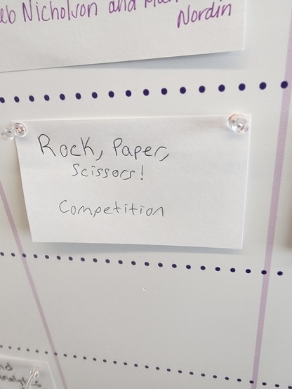 Index card that says "Rock, Paper, Scissors! Competition"