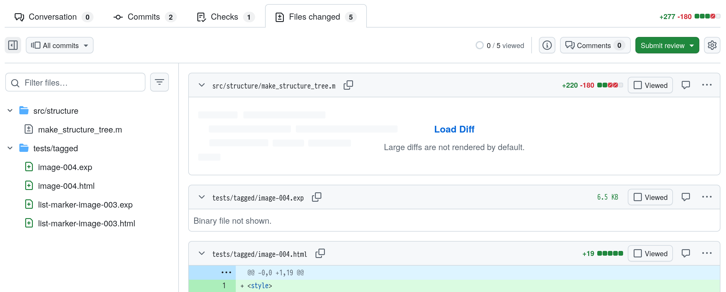A GitHub pull request where the primary file with changes has +200, -180 lined changed. GitHub is not showing the diff because "Large diffs are not rendered by default".