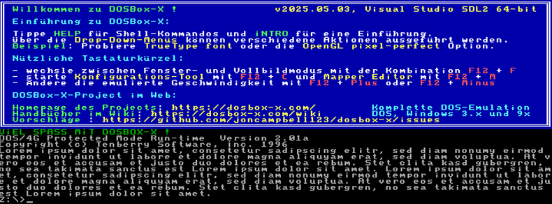 A screenshot of the DOSBox start screen, but with a custom textmode font without serifs.