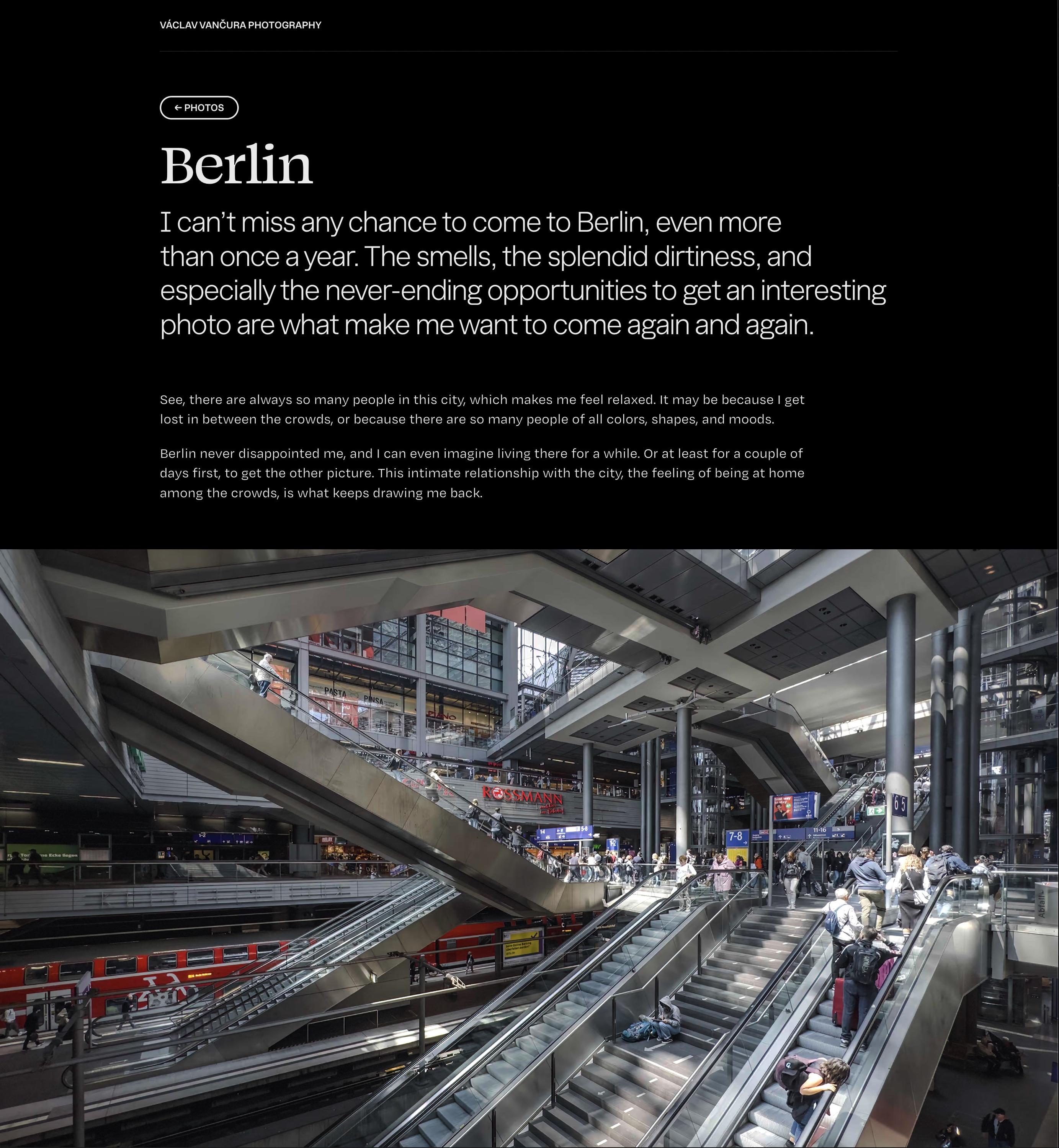 A screenshot of my new photography website, showing hero text about Berlin, and an image of the Berlin Hauptbanhof.