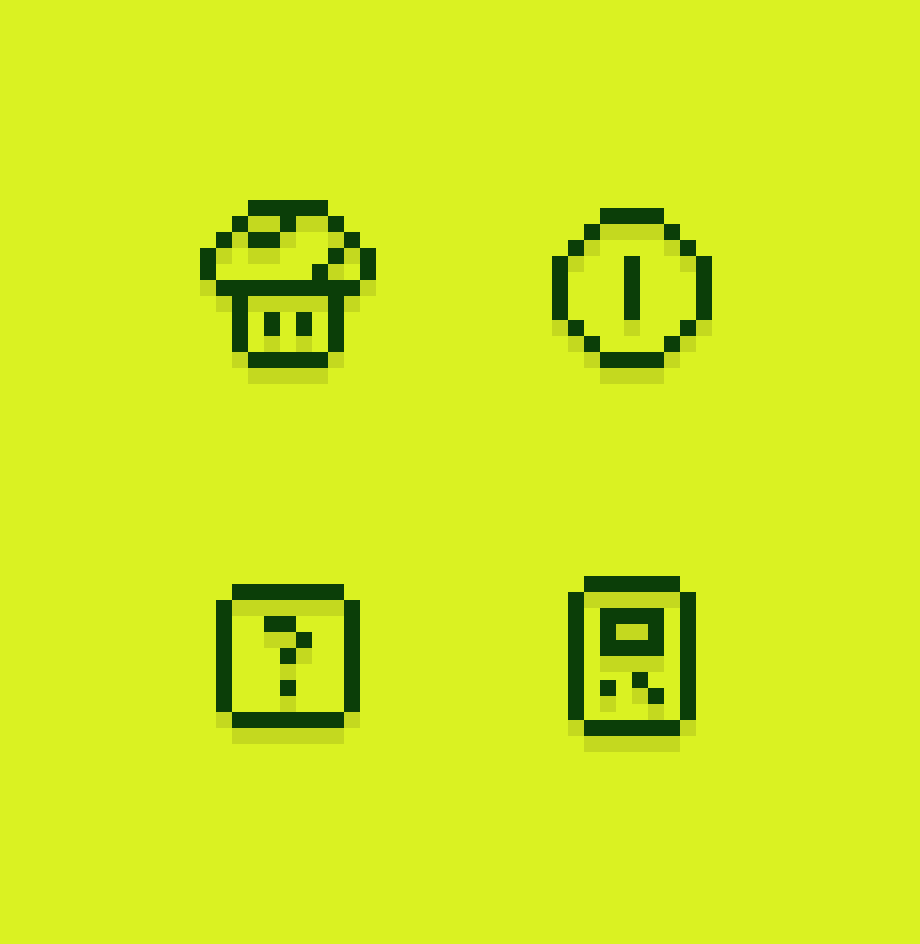Four pixelated icons in Gameboy-ish colors: mushroom, coin, question block, and handheld game console