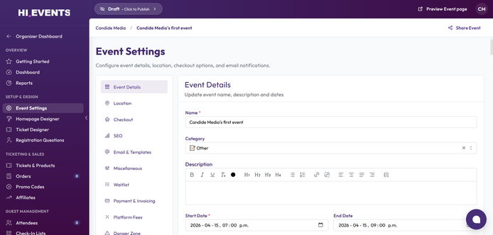 Hi.Events event organizer dashboard