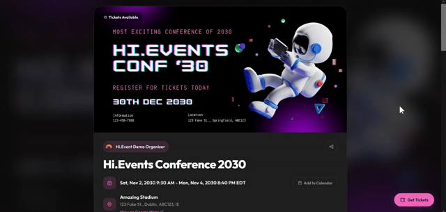 Hi.Events ticket page demo: https://app.hi.events/event/2/hievents-conference-2030