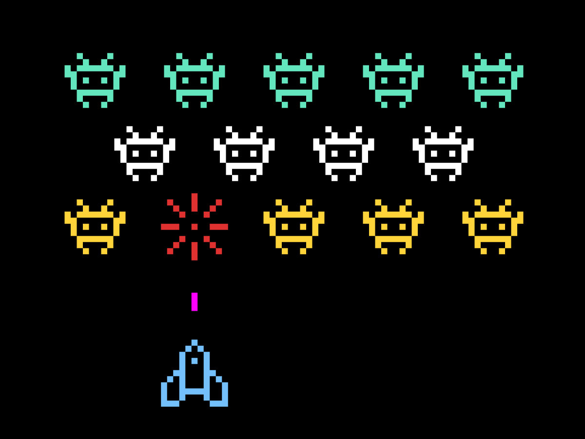 A Space-Invadsers-eque video game screen covered with advancing aliens, a spaceship, and an explosion.
