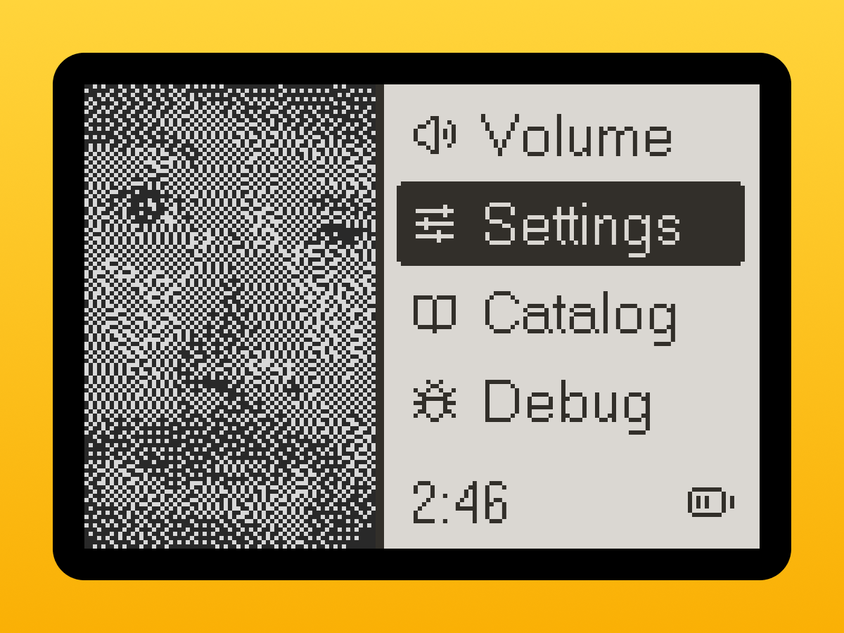A Playdate settings screen mockup of console options, with a pixelated Dave Gandy peeking around from the left.