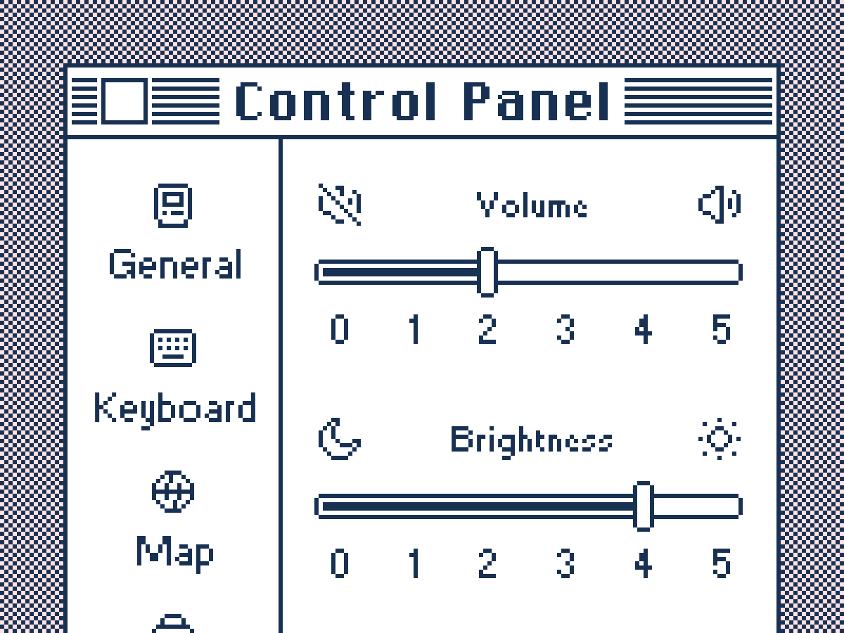 Pixel icons in a faux black and white Mac OS 7 control panel window.