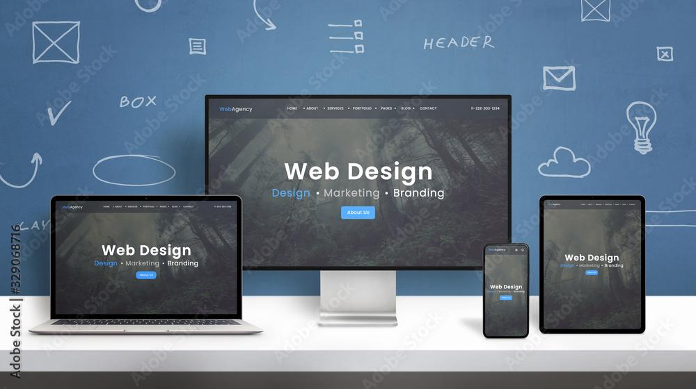 Mockup pas terrible de plusieurs appareils avec différentes tailles d'écrans, pour montrer les différentes variations du design d'un site web qui s'adapte à différentes formats.