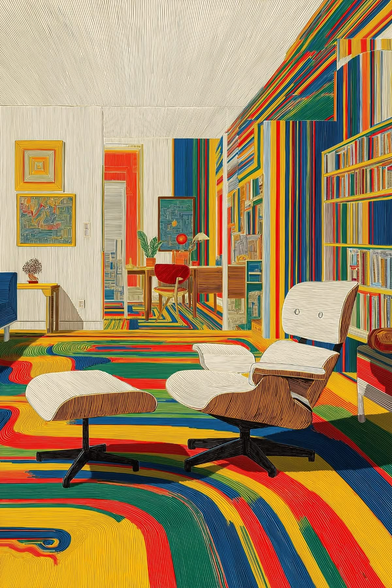 Stylized illustration of a modern interior featuring an Eames lounge chair and ottoman. The room, walls, carpet, and bookshelves are covered in bold, flowing, multicolored stripes of red, yellow, blue, and green.
