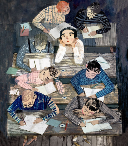 An overhead illustration of students sitting at wooden desks in a classroom, writing in their notebooks. In the center, one student rests their chin on their hands and gazes upward with a distracted expression.