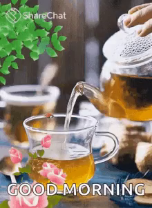 a cup of tea is being poured from a teapot with the words good morning written on it