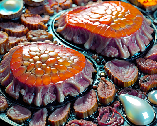 a photographic depiction of a sculpture of meat with paisley lines and US post-war recipe vibes on a fanciful electromechanical substrate