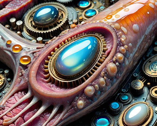 a photographic depiction of a paisley design that is a sculpture of meat with aspic and semiprecious stonework and US post-war recipe vibes on a fanciful electromechanical substrate
