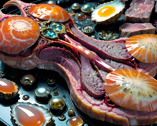 a photographic depiction of a paisley design that is a sculpture of meat with aspic, eggs, and semiprecious stonework and US post-war recipe vibes on a fanciful electromechanical substrate