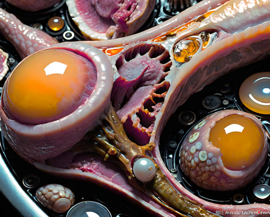 a photographic depiction of an undirected growth of cultured meat and meat byproducts with a few prominent yolk-like sacs and a bit of electromechanical substrate showing