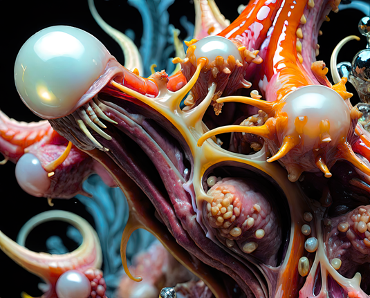 a photographic depiction of a sample of undirected growth of cultured meat and connective tissue with prominent polished cartilage pearls. A bit Cronenbergian.