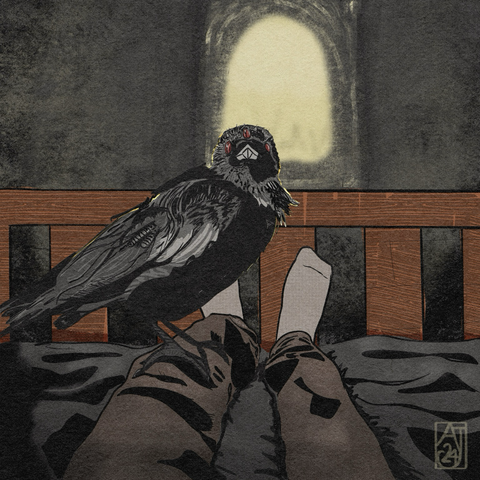 Three eyed raven perched on a boy’s legs in a castle