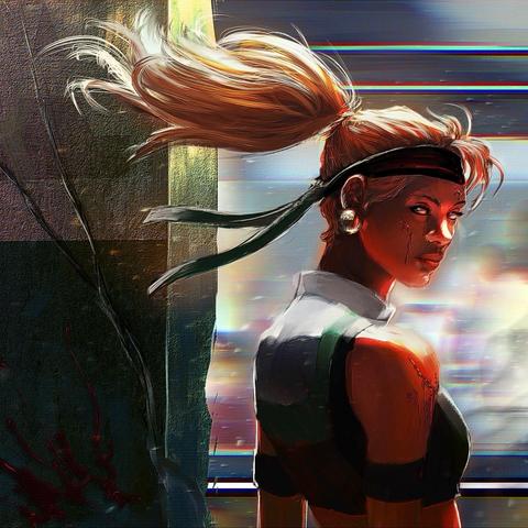 A digital painting done in clip studio paint of Sonya Blade from Mortal Kombat 3 in the Subway area. A train is passing by and lifting her hair in the wind.