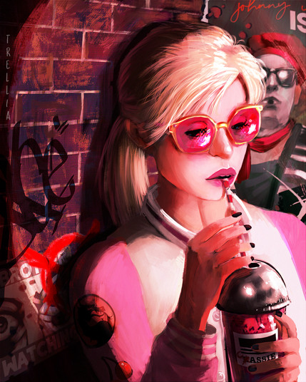 A digital painting done in clip studio paint of Cassie Cage from Mortal Kombat. She sips on her drink by a brick wall full of posters and graffiti.