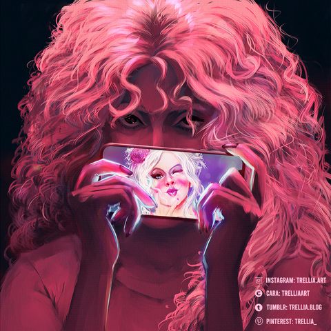 A digital portrait done in clip studio paint of my OC, Rebecca, holding a phone with a video of her best friend, Adele.