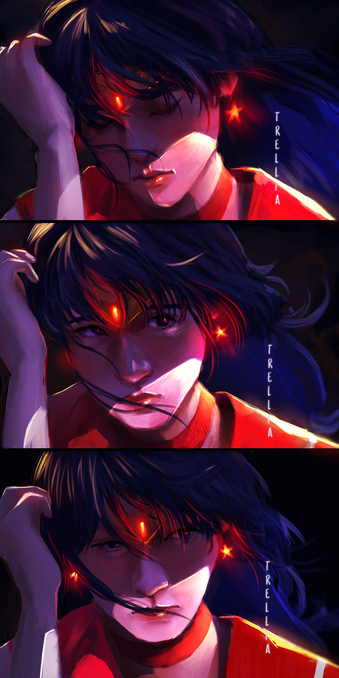 A digital painting of Sailor Mars done in Clip Studio Paint. It is an arrangement of three portraits, one where her eyes are closed, the second she has opened her eyes and looking at something out of camera shot, and finally, the third one, she looks down as though in shame.