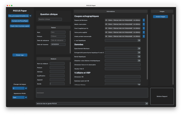 Screen capture of an application to make pocus report